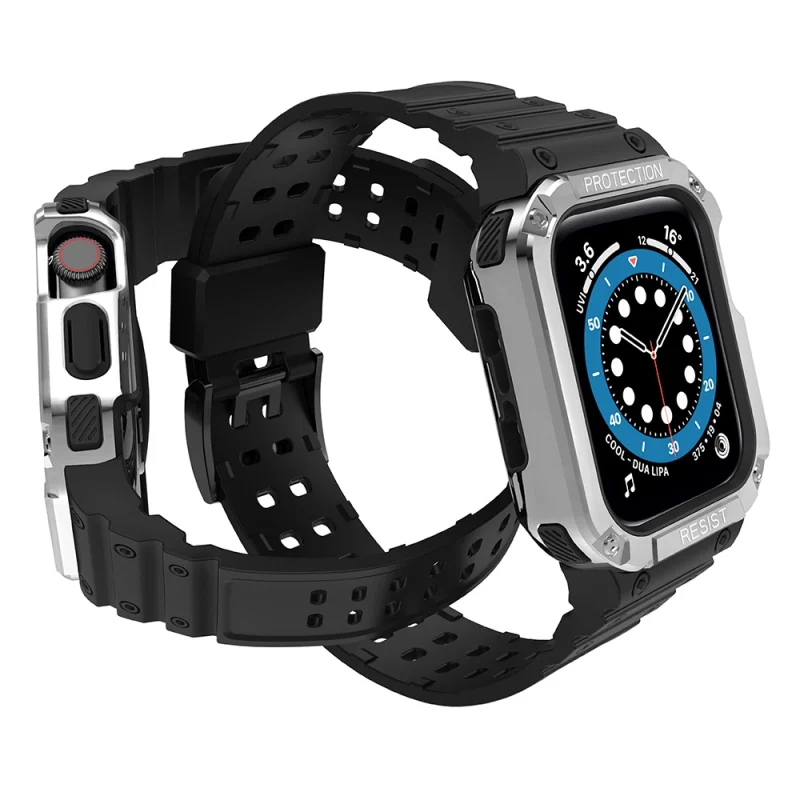 Protect Strap Band opaska z etui do Apple Watch 7 / 6 / 5 / 4 / 3 / 2 / SE (41 / 40 / 38mm) obudowa pancerny pokrowiec na zegarek czarny / srebrny - obrazek 3