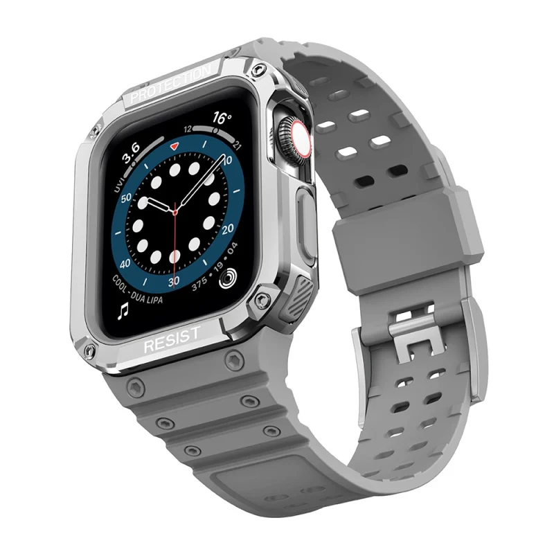 Protect Strap Band opaska z etui do Apple Watch 7 / 6 / 5 / 4 / 3 / 2 / SE (41 / 40 / 38mm) obudowa pancerny pokrowiec na zegarek szary / srebrny - obrazek 2