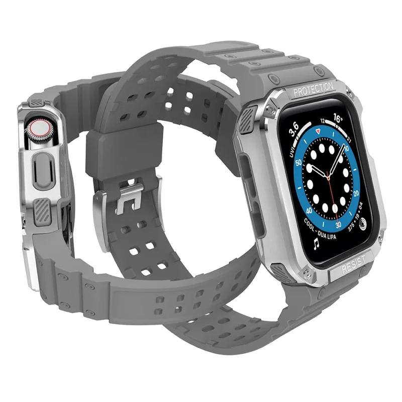 Protect Strap Band opaska z etui do Apple Watch 7 / 6 / 5 / 4 / 3 / 2 / SE (41 / 40 / 38mm) obudowa pancerny pokrowiec na zegarek szary / srebrny - obrazek 3