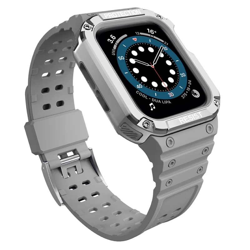 Protect Strap Band opaska z etui do Apple Watch 7 / 6 / 5 / 4 / 3 / 2 / SE (41 / 40 / 38mm) obudowa pancerny pokrowiec na zegarek szary / srebrny