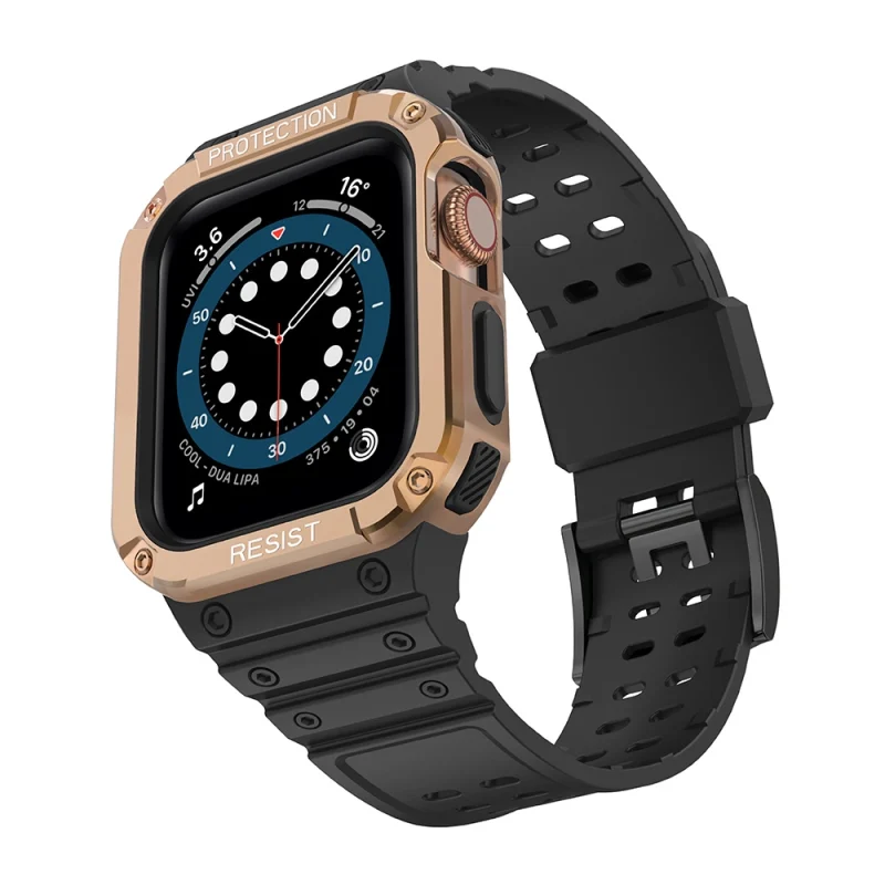 Protect Strap Band opaska z etui do Apple Watch 7 / 6 / 5 / 4 / 3 / 2 / SE (45 / 44 / 42mm) obudowa pancerny pokrowiec na zegarek czarny / różowe złoto - obrazek 2