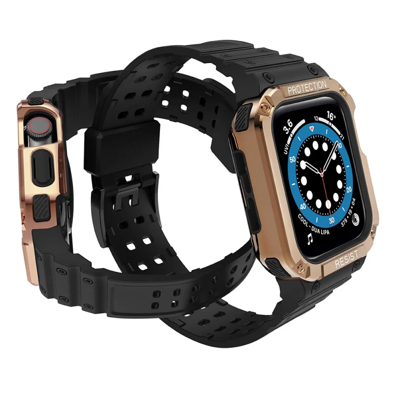 Protect Strap Band opaska z etui do Apple Watch 7 / 6 / 5 / 4 / 3 / 2 / SE (45 / 44 / 42mm) obudowa pancerny pokrowiec na zegarek czarny / różowe złoto - obrazek 3