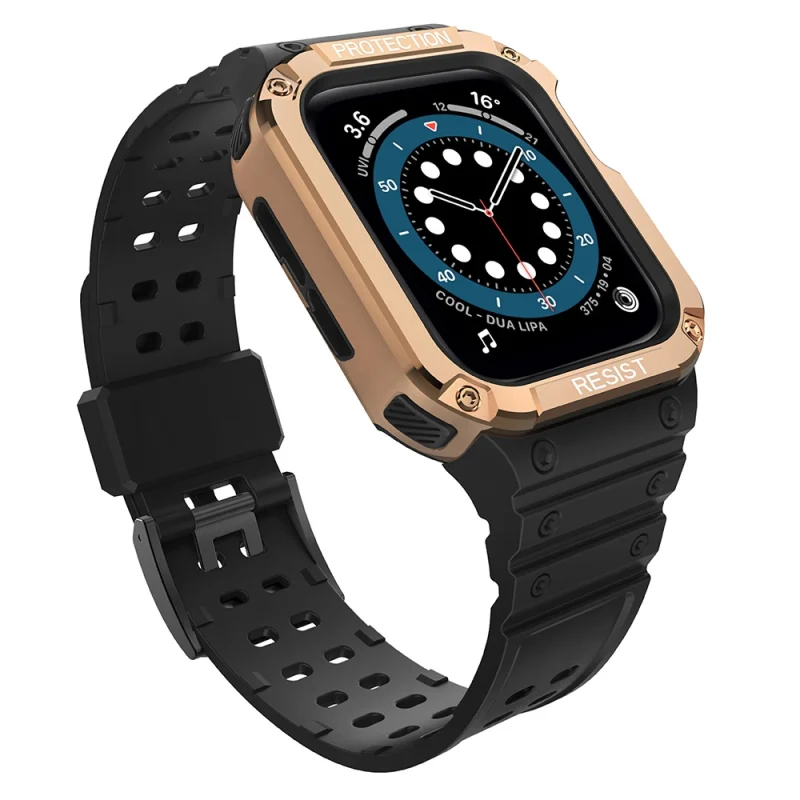 Protect Strap Band opaska z etui do Apple Watch 7 / 6 / 5 / 4 / 3 / 2 / SE (45 / 44 / 42mm) obudowa pancerny pokrowiec na zegarek czarny / różowe złoto