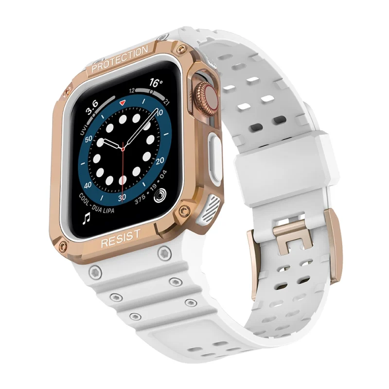 Protect Strap Band opaska z etui do Apple Watch 7 / 6 / 5 / 4 / 3 / 2 / SE (41 / 40 / 38mm) obudowa pancerny pokrowiec na zegarek biały / różowe złoto - obrazek 2