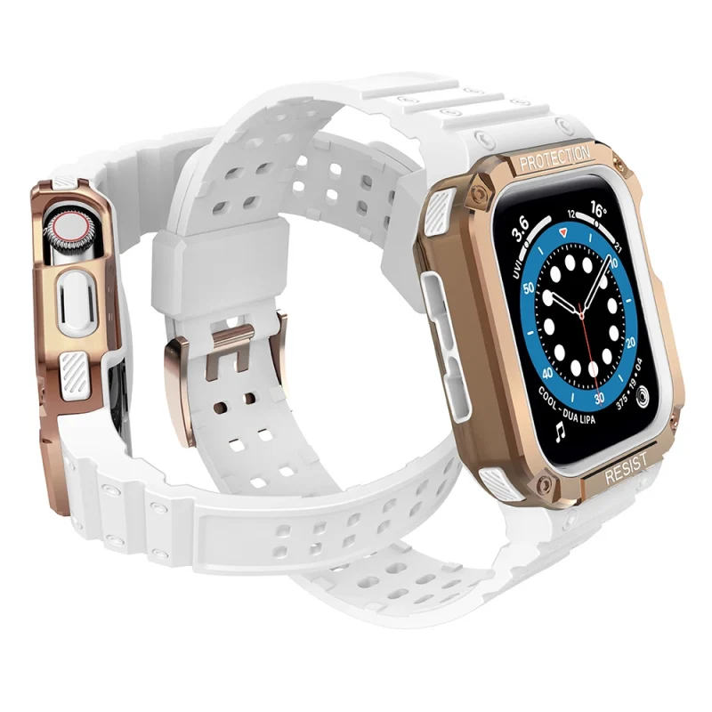 Protect Strap Band opaska z etui do Apple Watch 7 / 6 / 5 / 4 / 3 / 2 / SE (41 / 40 / 38mm) obudowa pancerny pokrowiec na zegarek biały / różowe złoto - obrazek 3