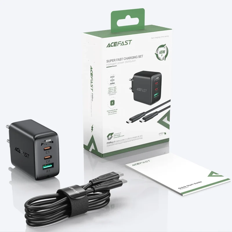 Acefast 2w1 ładowarka sieciowa 2x USB-C / USB-A 65W, PD, QC 3.0, AFC, FCP (zestaw z kablem USB-C 1.2m) czarny (A13 black) - obrazek 13