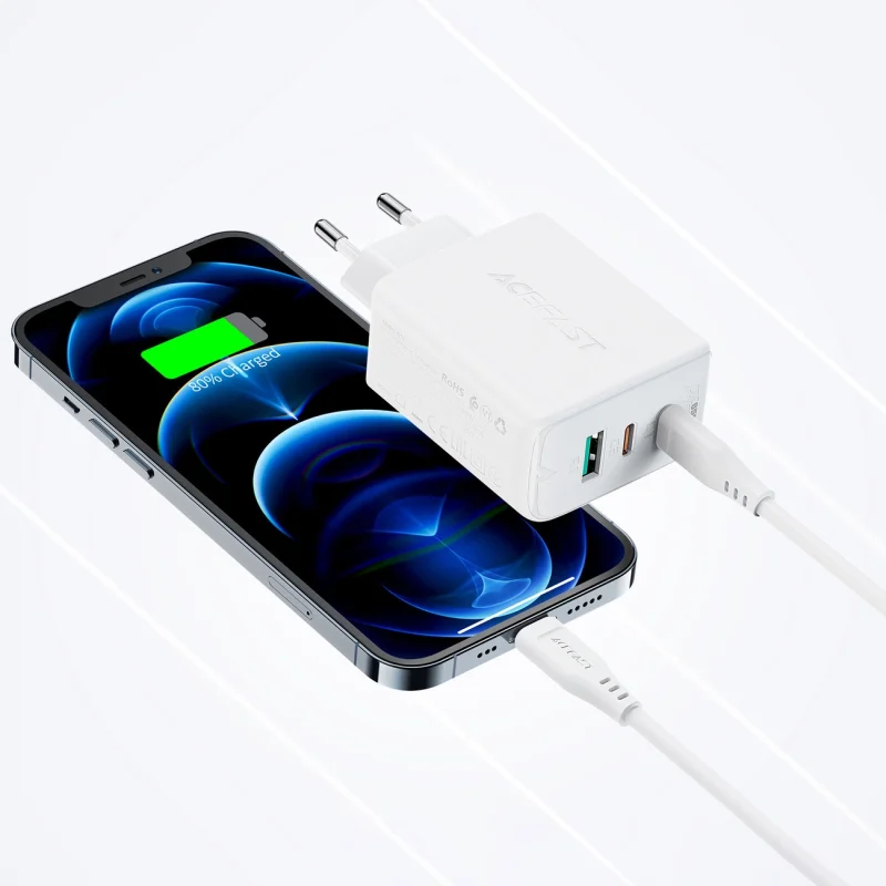 Acefast 2w1 ładowarka sieciowa 2x USB-C / USB-A 65W, PD, QC 3.0, AFC, FCP (zestaw z kablem USB-C 1.2m) biały (A13 white) - obrazek 11