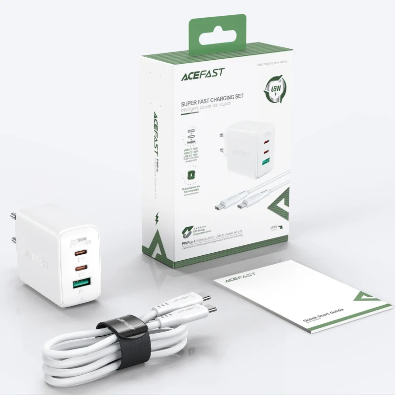 Acefast 2w1 ładowarka sieciowa 2x USB-C / USB-A 65W, PD, QC 3.0, AFC, FCP (zestaw z kablem USB-C 1.2m) biały (A13 white) - obrazek 12