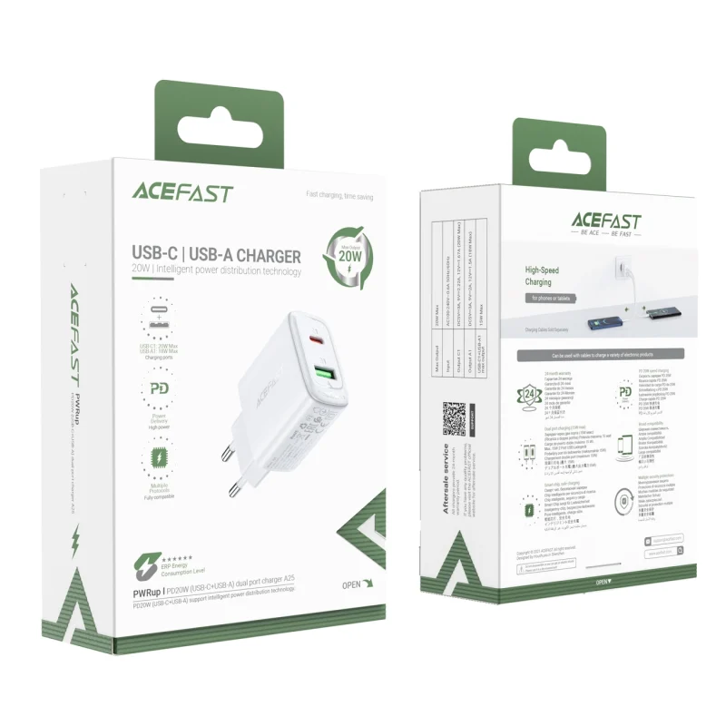 Acefast ładowarka sieciowa USB Typ C / USB 20W, PPS, PD, QC 3.0, AFC, FCP biały (A25 white) - obrazek 5