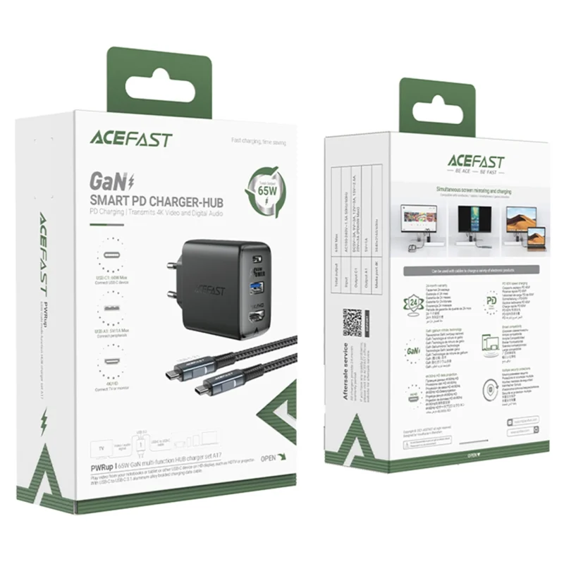 Acefast 2w1 ładowarka sieciowa GaN 65W USB Typ C / USB, adapter przejściówka HDMI 4K@60Hz (zestaw z kablem) biały (A17 white) - obrazek 9