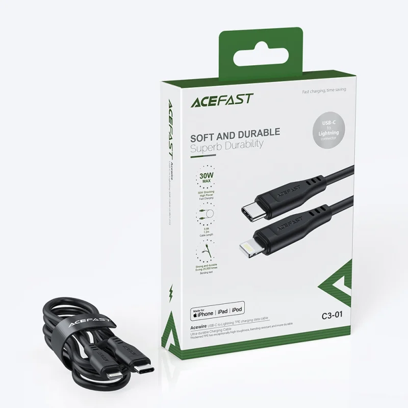 Acefast kabel MFI USB Typ C - Lightning 1,2m, 30W, 3A czarny (C3-01 black) - obrazek 12