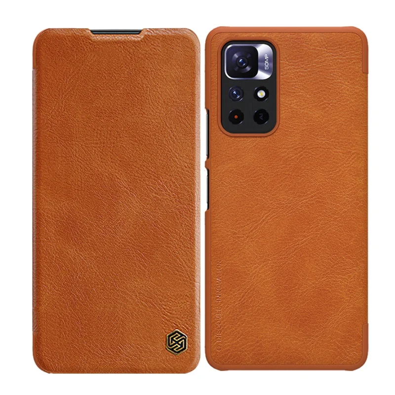 Nillkin Qin Case etui do Xiaomi Redmi Note 11T 5G / Note 11S 5G / Note 11 5G (China) / Poco M4 Pro 5G osłona na aparat kabura pokrowiec obudowa z klapką brązowy