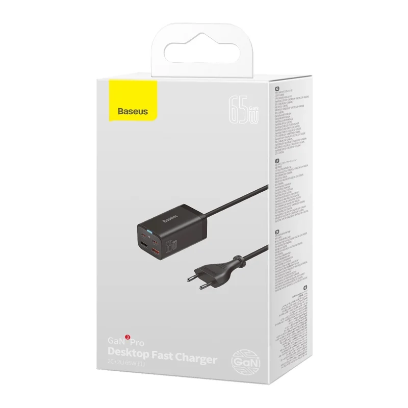 Baseus GaN3 Pro szybka ładowarka sieciowa GaN 2 x USB Typ C / 2 x USB 65W PD, QC4.0+, AFC, PPS + kabel USB Typ C - USB Typ C 1m czarny (CCGP040101) - obrazek 10