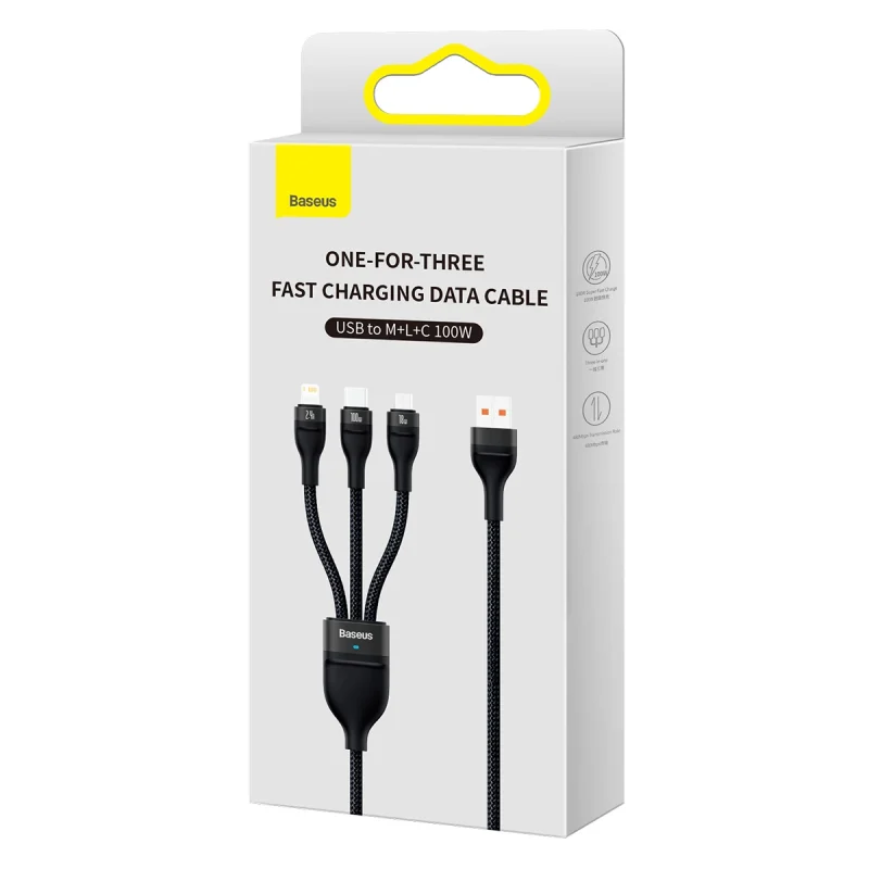 Baseus Flash Series II kabel USB - USB Typ C / Lightning / micro USB 100 W 1,2 m czarny (CASS030001) - obrazek 5