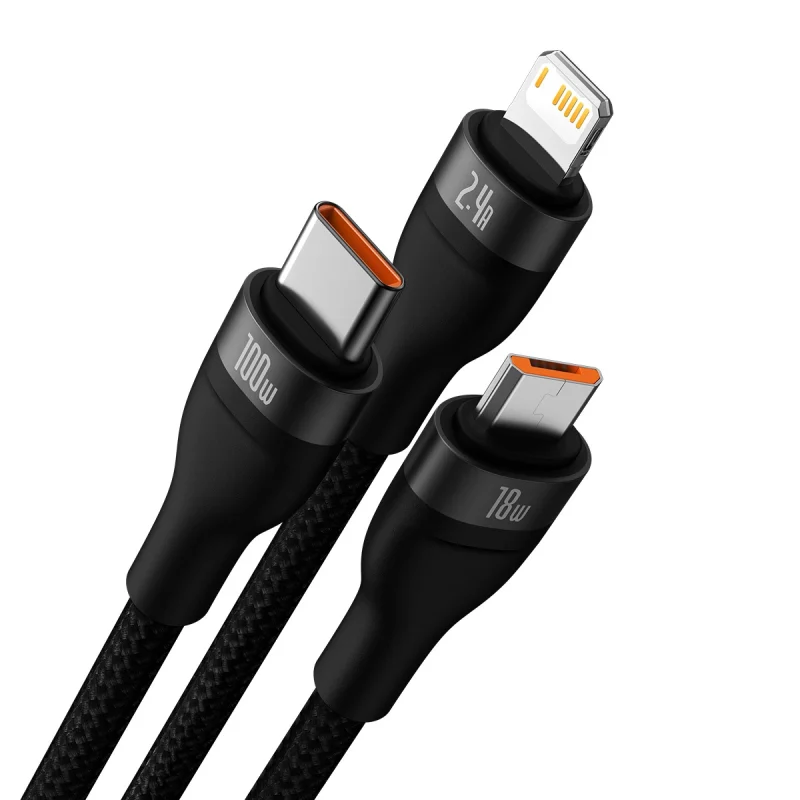 Baseus Flash Series II kabel USB - USB Typ C / Lightning / micro USB 100 W 1,2 m czarny (CASS030001) - obrazek 2