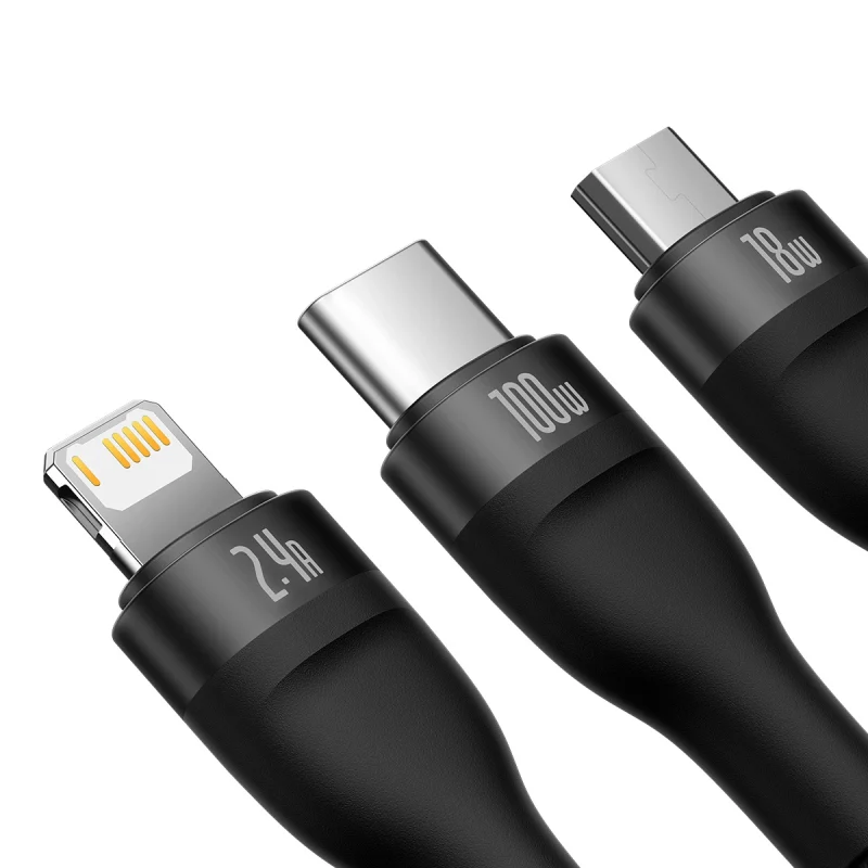 Baseus Flash Series II kabel USB - USB Typ C / Lightning / micro USB 100 W 1,2 m czarny (CASS030001) - obrazek 3