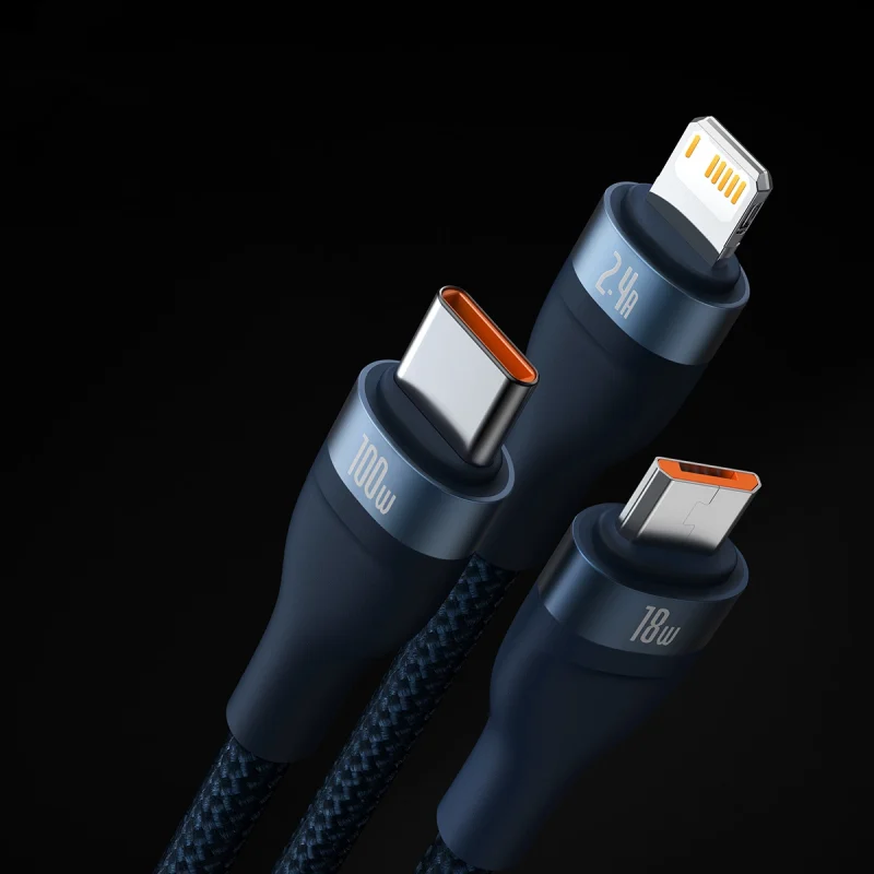 Baseus Flash Series II kabel USB - USB Typ C / Lightning / micro USB 100 W 1,2 m niebieski (CASS030003) - obrazek 11