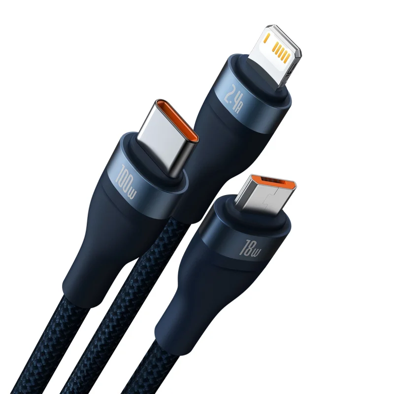 Baseus Flash Series II kabel USB - USB Typ C / Lightning / micro USB 100 W 1,2 m niebieski (CASS030003) - obrazek 2