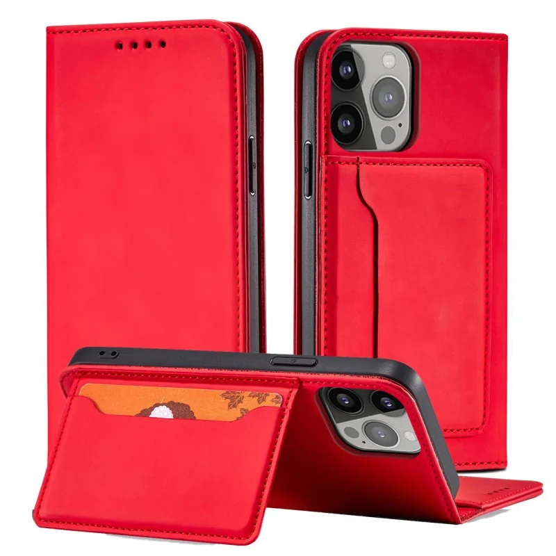 Magnet Card Case etui do iPhone 13 Pro Max pokrowiec portfel na karty kartę podstawka czerwony - obrazek 2