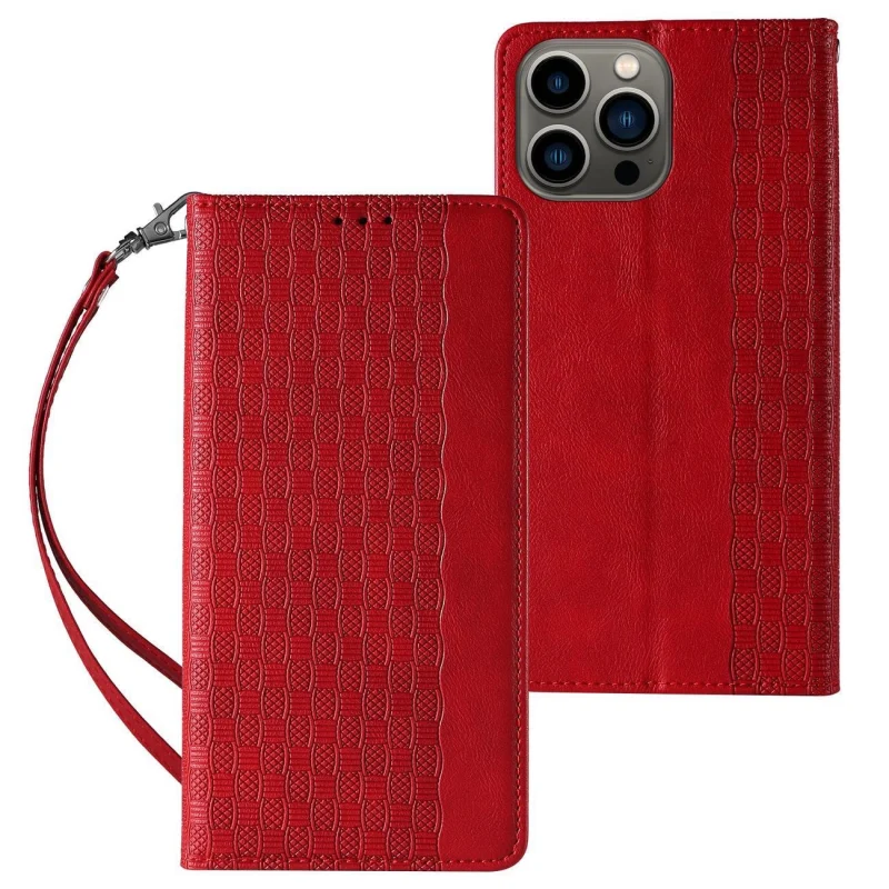 Magnet Strap Case etui do iPhone 12 Pro Max pokrowiec portfel + mini smycz zawieszka czerwony