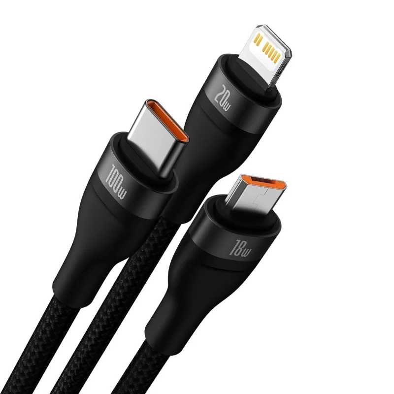 Baseus Flash Series II kabel USB Typ C / USB Typ A - USB Typ C / Lightning / micro USB 100 W 1,2 m czarny (CASS030101) - obrazek 2