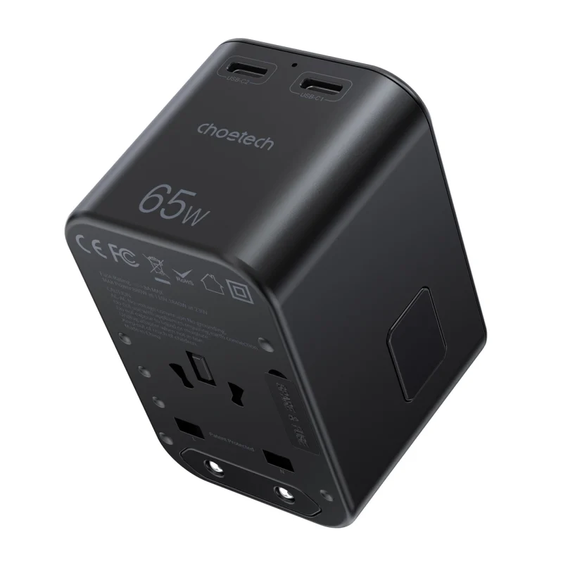 Adapter podróżny Choetech PD5009-BK GaN EU / US / UK / AU 2x USB-C USB-A 65W PD - czarny - obrazek 2