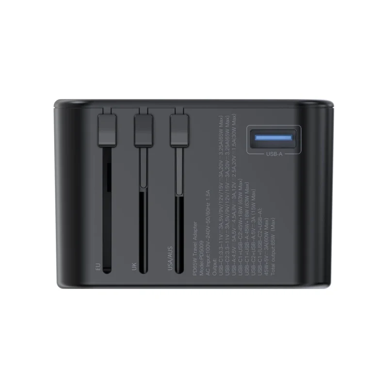 Adapter podróżny Choetech PD5009-BK GaN EU / US / UK / AU 2x USB-C USB-A 65W PD - czarny - obrazek 4