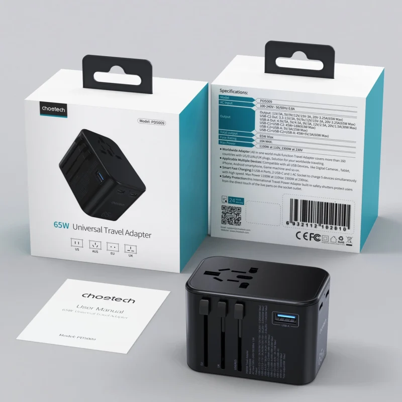 Adapter podróżny Choetech PD5009-BK GaN EU / US / UK / AU 2x USB-C USB-A 65W PD - czarny - obrazek 5