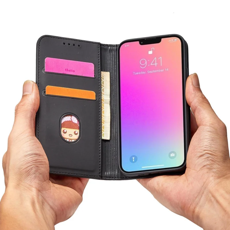 Magnet Card Case etui iPhone 14 pokrowiec z klapką portfel podstawka czarne - obrazek 10