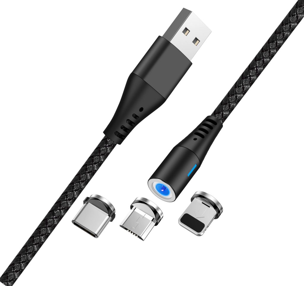 Maxlife kabel magnetyczny MXUC-02 USB - Lightning + USB-C + microUSB 1,0 m 2A czarny nylonowy - obrazek 6