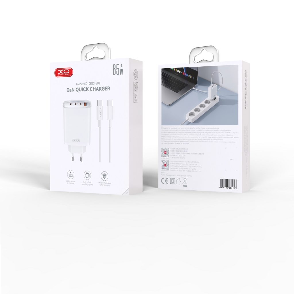 XO ładowarka sieciowa CE23 PD 65W 3x USB-C 1x USB biała + kabel USB-C - USB-C - obrazek 3