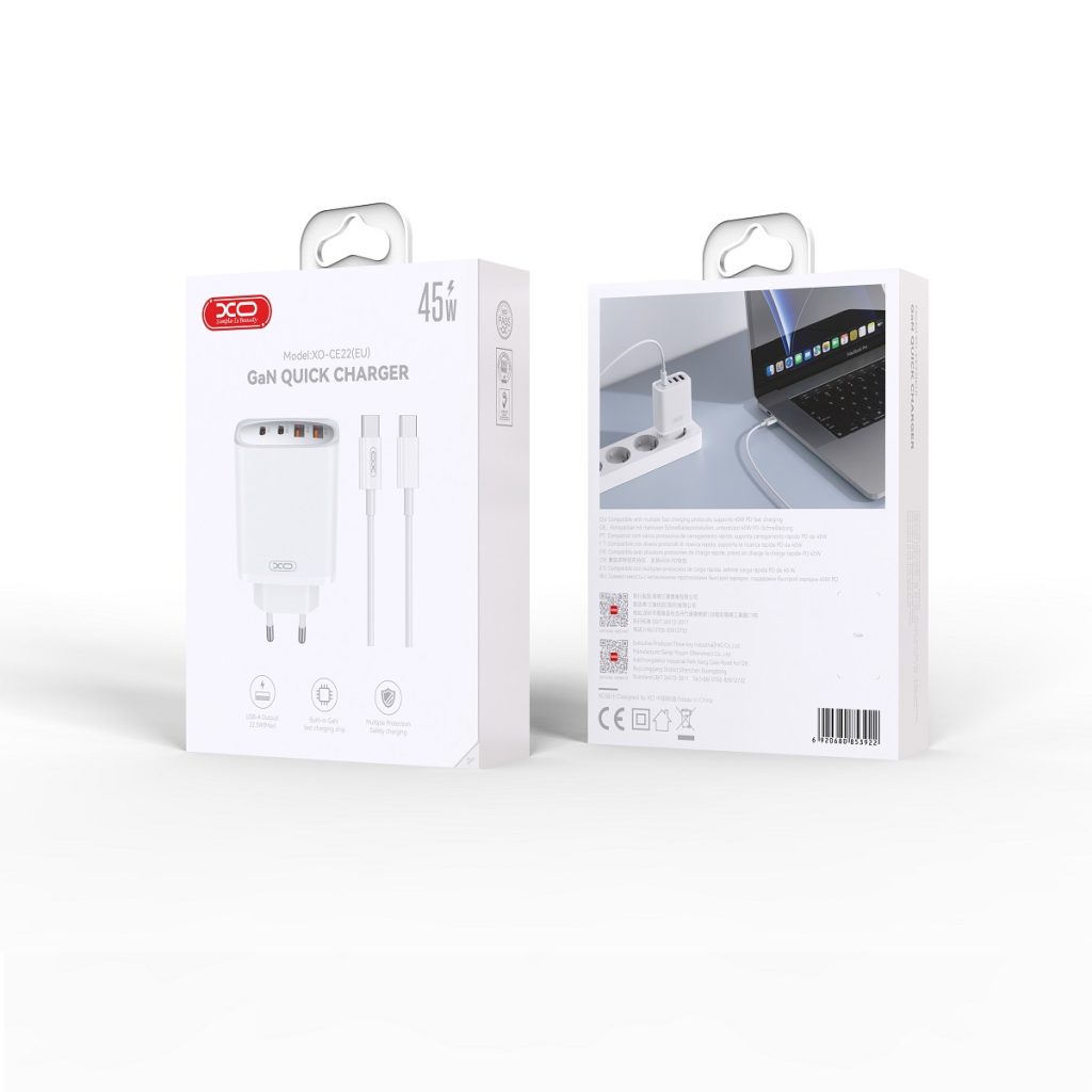 XO ładowarka sieciowa CE22 PD 45W 2x USB-C 2x USB biała + kabel USB-C - USB-C - obrazek 3