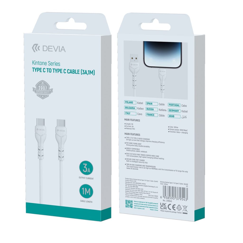 Devia kabel Kintone EC151 USB-C - USB-C 1,0 m 3A biały - obrazek 5