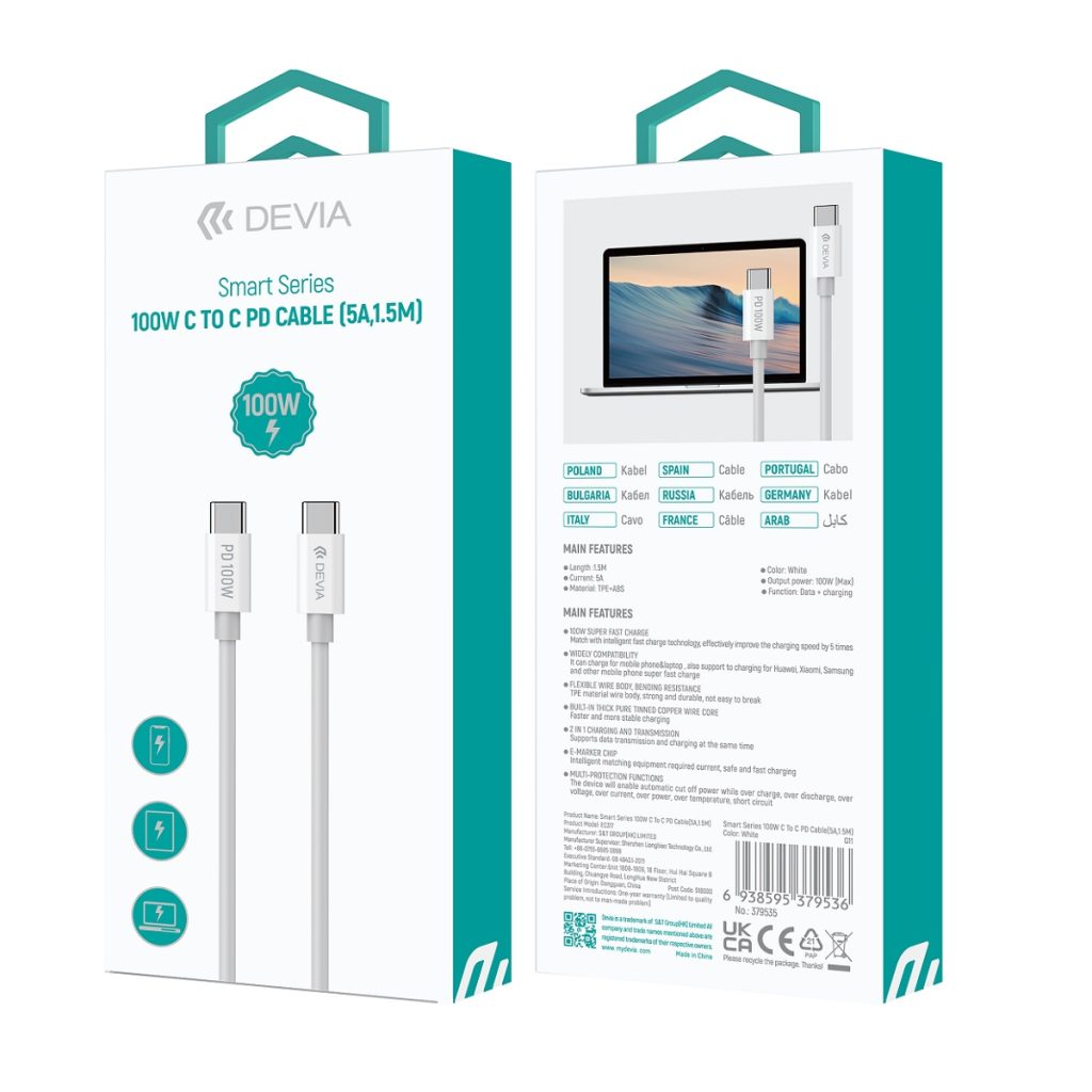 Devia kabel Smart EC317 PD USB-C - USB-C 1,5 m 100W 5A biały - obrazek 4