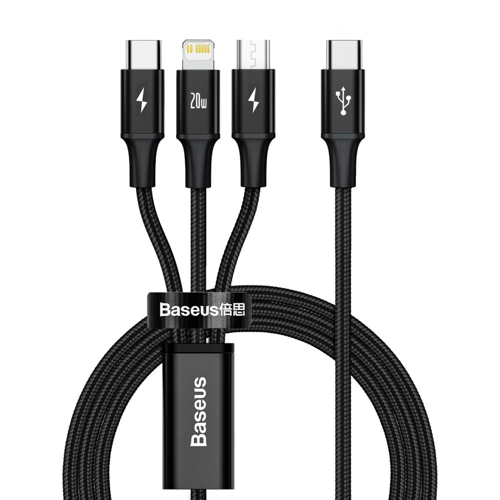 Baseus kabel 3w1 Rapid PD USB-C - micro USB + Lightning + USB-C 1,5m czarny 20W - obrazek 2