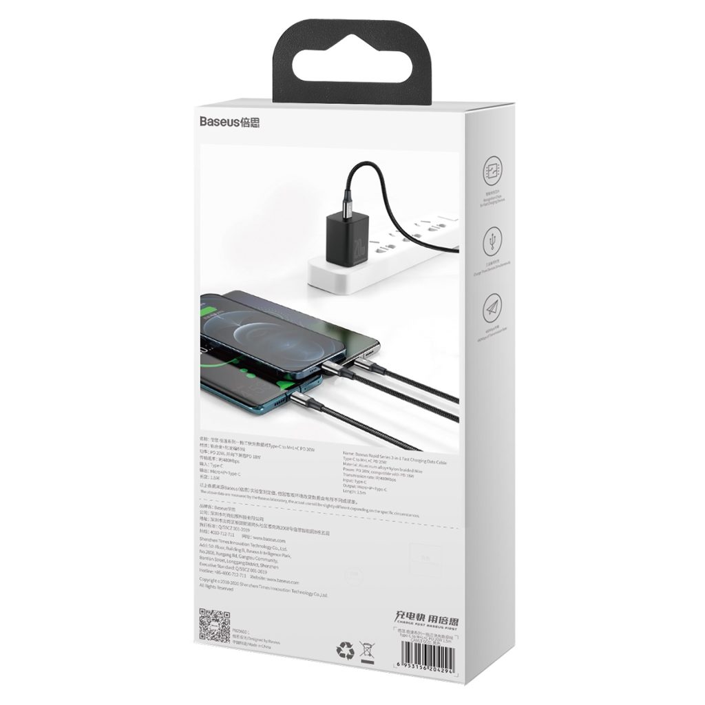 Baseus kabel 3w1 Rapid PD USB-C - micro USB + Lightning + USB-C 1,5m czarny 20W - obrazek 8